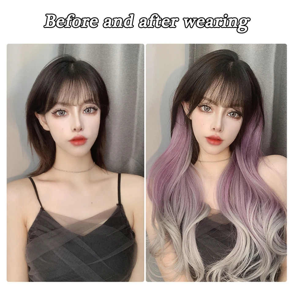 LM Synthetic Long Wave V-shaped Purple GreyHair Extension Half Wig Heat Resistant Straight Fake Hair Hairpiece for Women