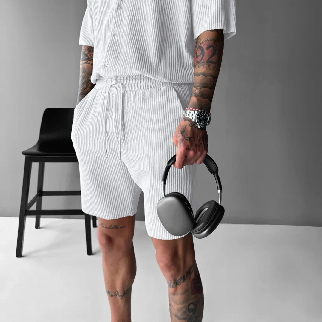 2025 European and American new summer waffle solid color lapel button design short sleeved suit shorts two sets