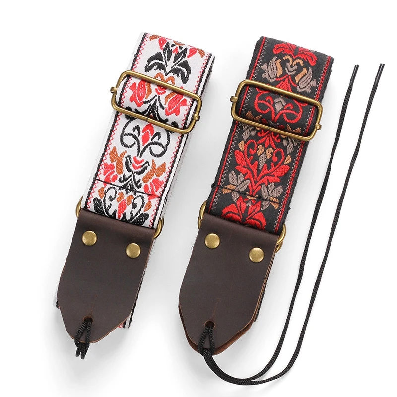 Guitar Ukulele Strap Embroidered Guitar Strap Leather Head Bass Shoulder Strap Electric Guitar Accessories