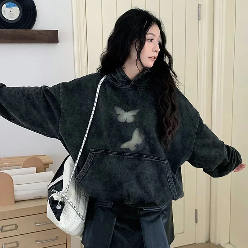 Korean Style Butterflies Print Black Hoodie Women Streetwear Fashion Harajuku Oversized Pullover Sweatshirts Y2k Clothes Hoodies