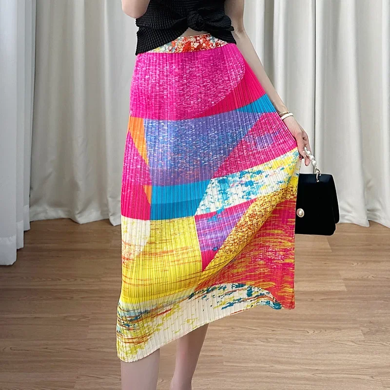 

Miyake Pleated Skirt Women's 2024 Summer New Style High-waisted Temperament Slimming Slit Fashionable Mid-length Printed Skirt