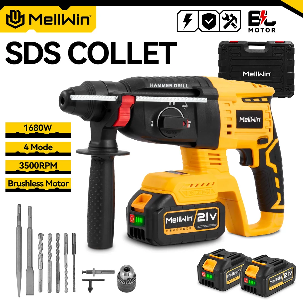 MELLWIN Electric Hammer Drill 26mm Brushless Cordless Household Rotary Impact Hammer Power Tool for Makita 18V Battery Pin