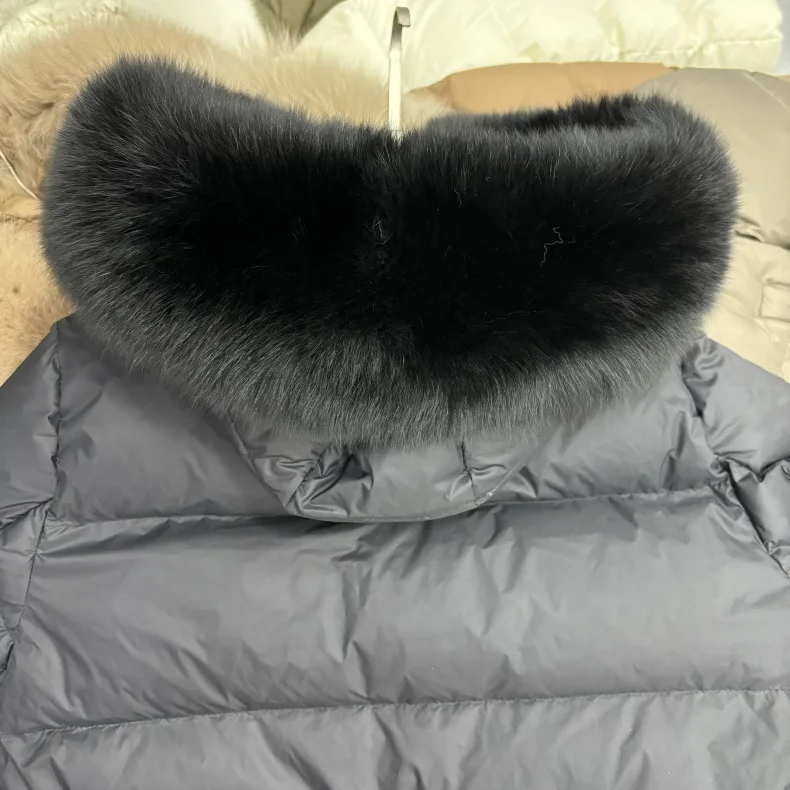 Schinteon Women 100% Real Fox Fur Collar White Duck Down Jacket with Hood Autumn Winter Warm Casual A-lined Warm Outwear Cape
