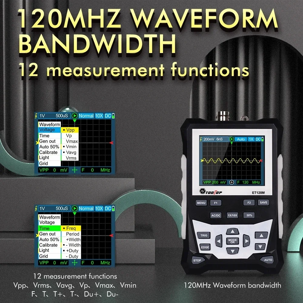 TOOLTOP ET120M 500MS/s 120MHz Professional Digital Oscilloscope Laboratory Electrical Repair Auto Handheld Portable Oscilloscope