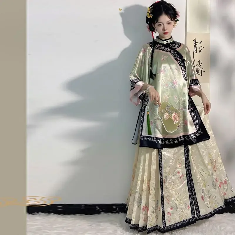 Mulheres tradicionais chinesas qipao ciano gola alta manga comprida topo bege impresso cavalo enfrentado saia antiga hanfu roupas