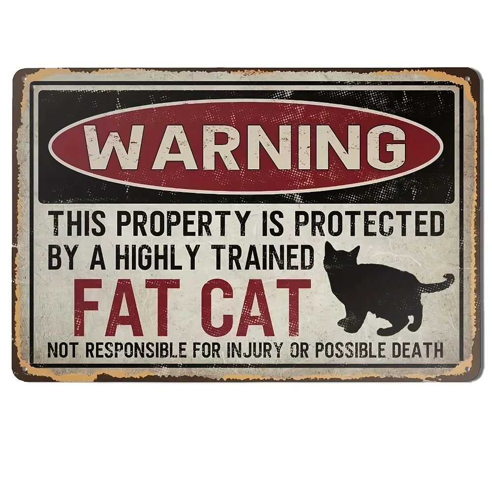 [Vintage-Metallschild] Vintage „Protected by Fat Cat“-Metallschild – rustikale Eisenkunst mit Distressed-Finish |   Humorvolle Warnwand