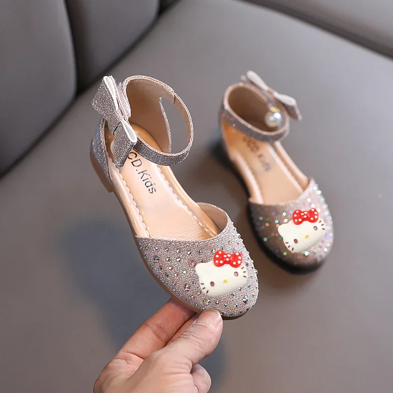 Sanrio hello kitty sandali per bambini primavera kuromi nuove scarpe in pelle per ragazze perla strass scarpe da principessa carine