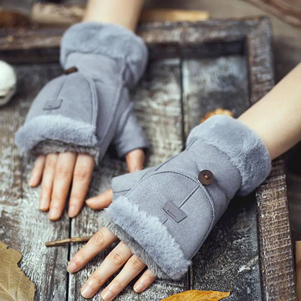 Mulheres inverno luvas de camurça conversível luvas sem dedos forrado de lã luvas quentes com punhos macios para ciclismo ao ar livre caminhadas