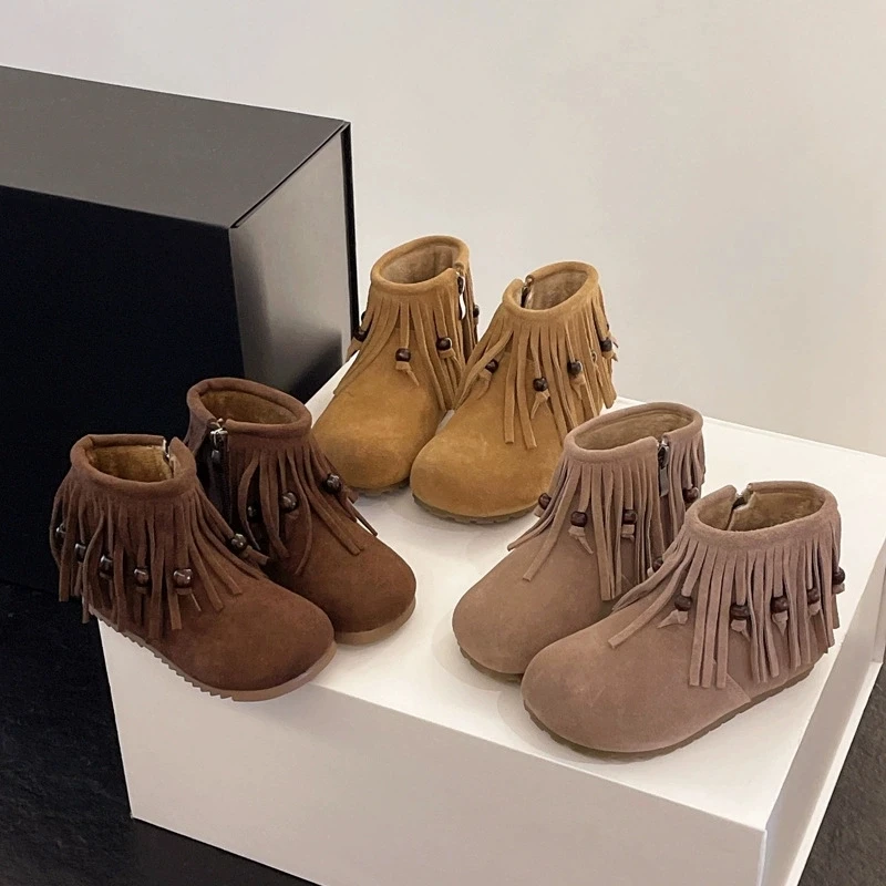 

Fashion Maillard Color Winter Snow Boots for Girls Beautiful Tassel Warm Plush Suede Leather Kids Fur Boots Children's Shoes