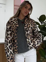 Kobiety Vintage wzór w cętki kurtka bomber eleganckie klapy długie rękawy kieszenie na zamek błyskawiczny luźny płaszcz 2024 jesień Lady High Streetwewar