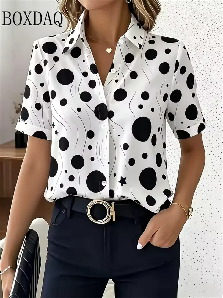 New Summer Women's Blouse Casual Short Sleeved Lapel Polka Dot Printed Loose Shirts