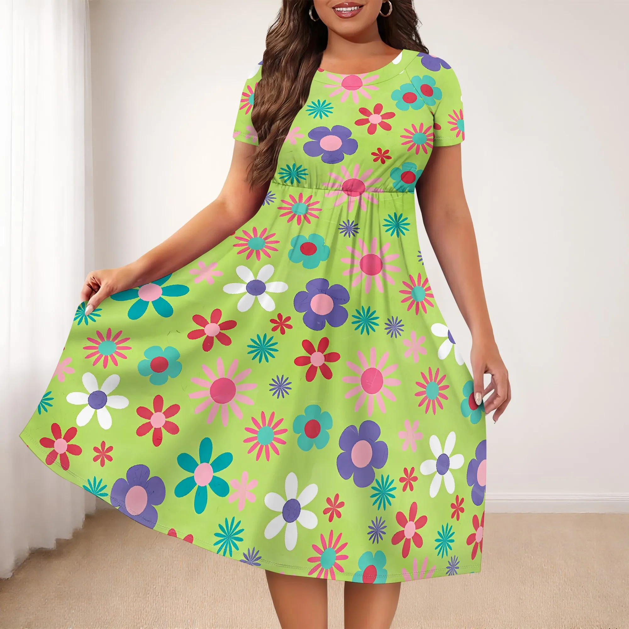 

Nupusa Floral Print Summer Dress for Women Round Neck Short Sleeve Casual Midi Dress