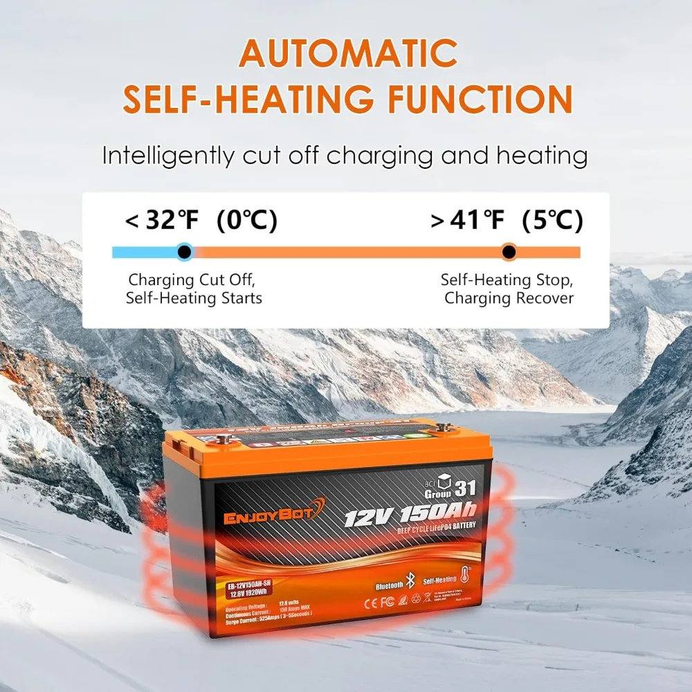 12V 150Ah LiFePO4 リチウム電池 自己加熱、グループ 31 リチウム電池、内蔵 150A BMS および Bluetooth、1920W 負荷電力