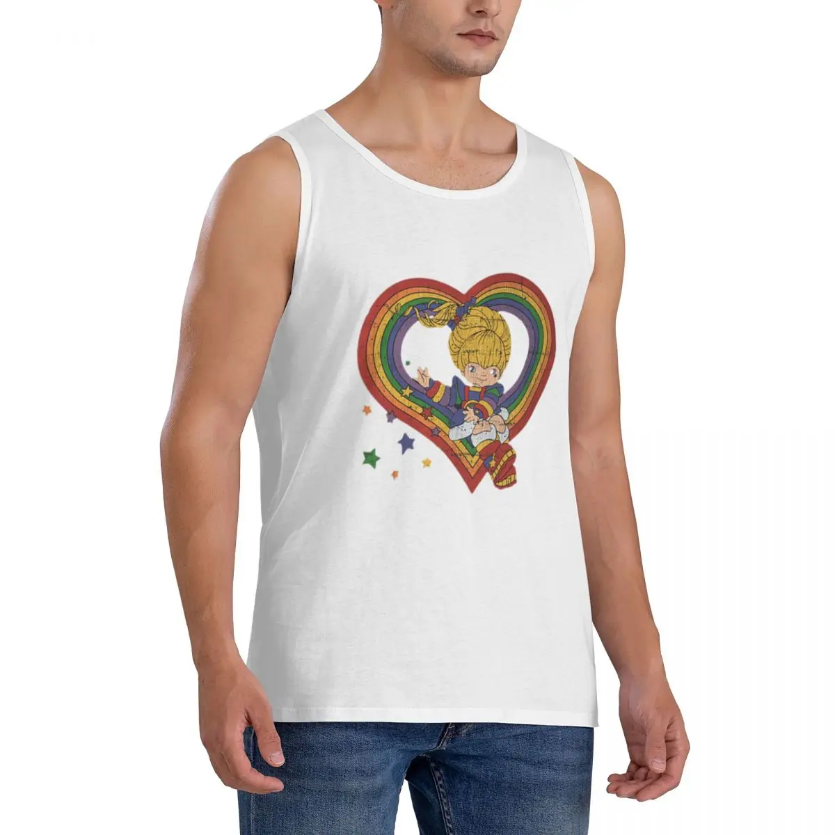 100% Cotton Rainbow Brite With Rainbow Heart Sleeveless T-Shirt Men Workout Sports Clothing Tops Men's Crew Neck Vest