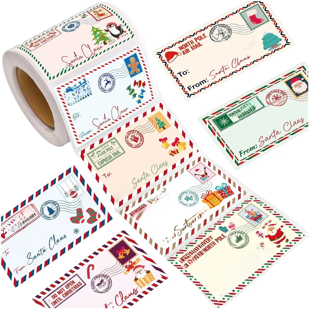 Christmas Decorative Stickers for Present Wrapping with Santa and Reindeer Motifs for Holiday Mailers Boxes and Bags