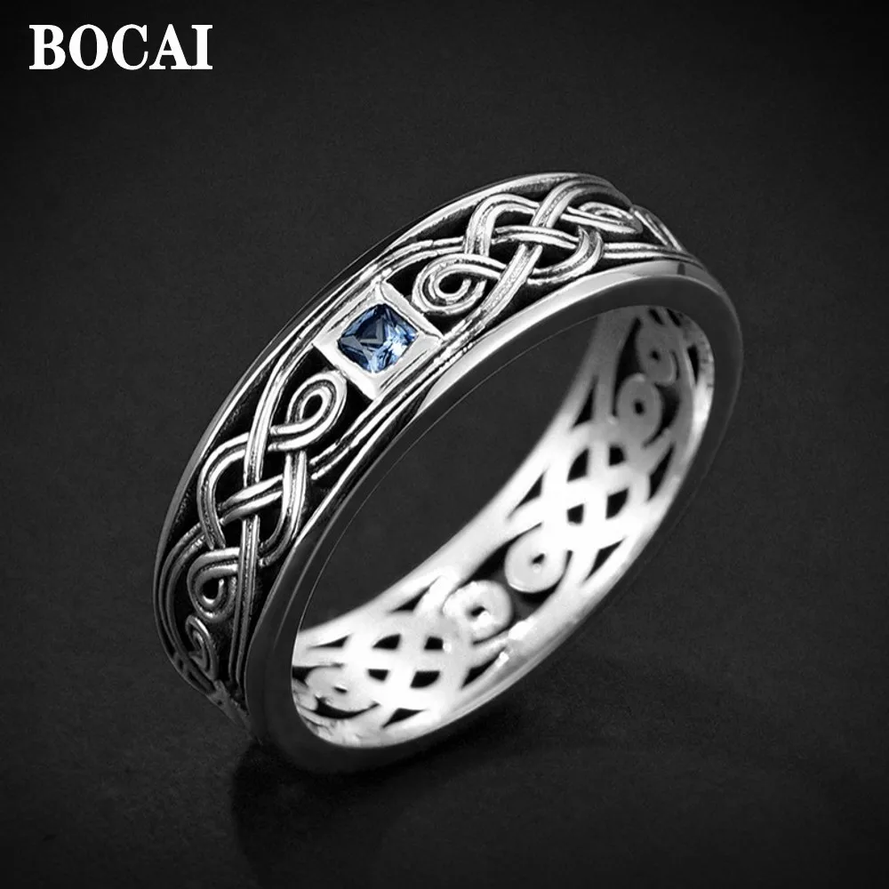 BOCAI New Real s925 Silver Men's Ring Simple Retro Cold Style Square Single Domineering Index Finger Jewelry Accessories