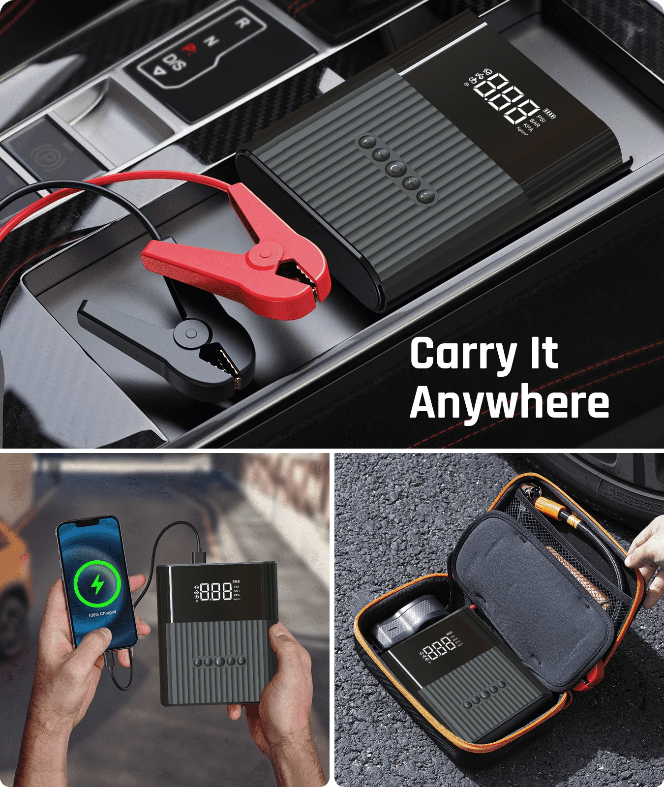 Multi Function Jump Starter With Air Compressor Pump  Battery Tire Inflator Air Pump For Cars Bikes Outdoor Use