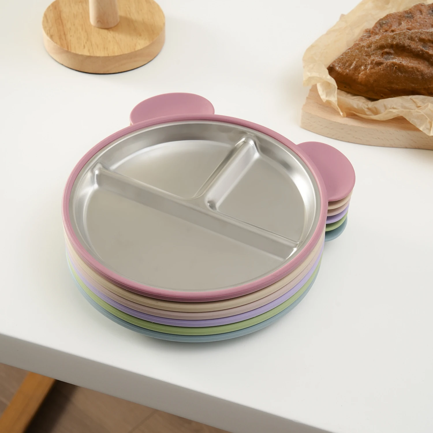 

1PC BPA Free Baby Feeding Plate With Suction Cup Stainless Steel Silicone Toddler Self Feeding Food Training Tableware