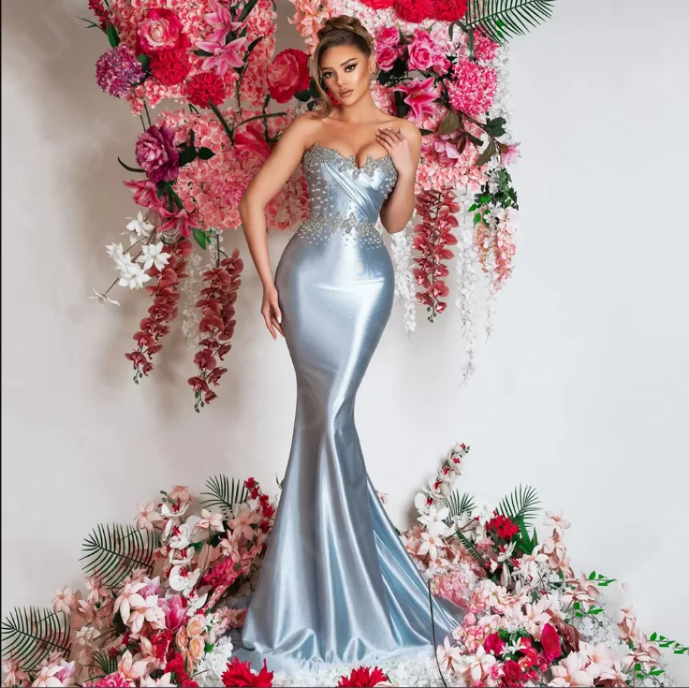 

Customized Baby Blue Evening Dresses Mermaid Prom Party Dress Sweetheart Beading Wedding Guest Gowns Sleeveless Sweep Train