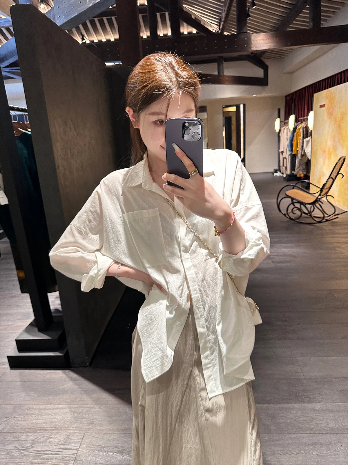 

Charming White Loose Long Sve irt Soft Sun Protection Cotton Ne Commute Sle Pure Color Women's Premium Faion