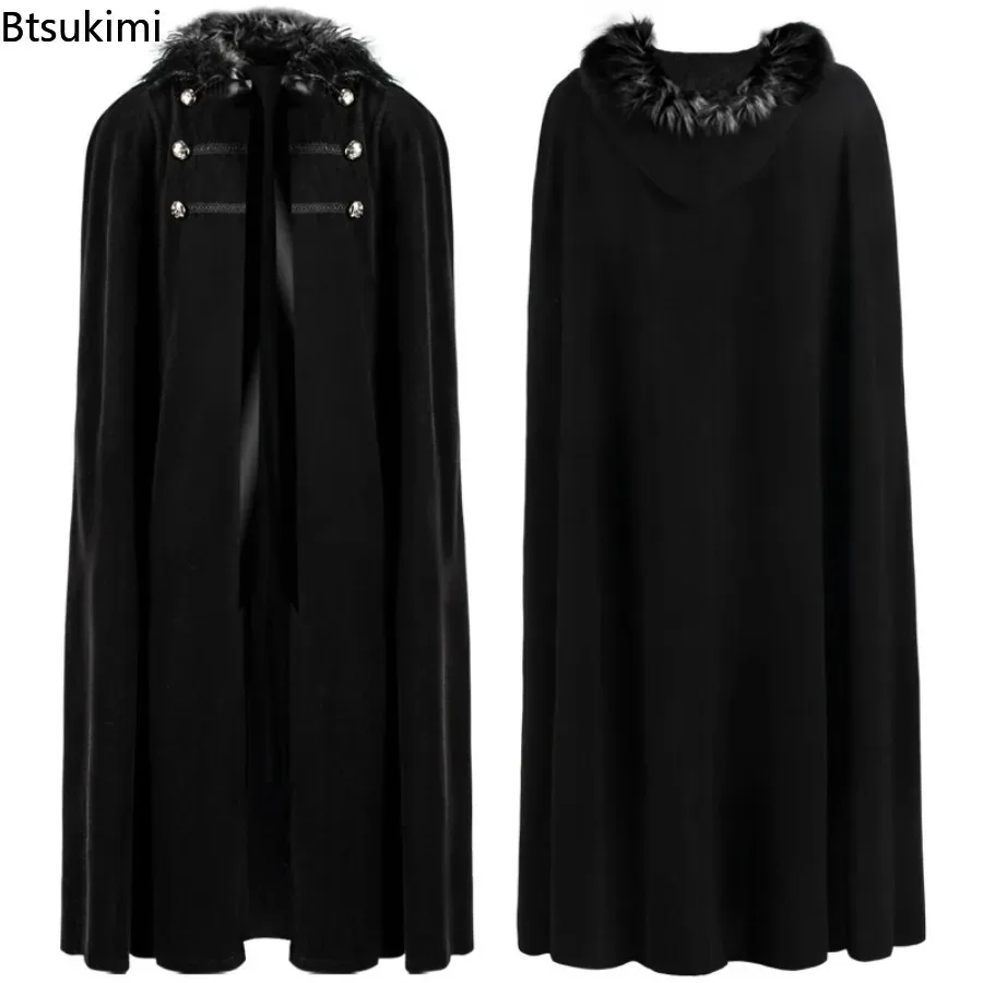 جديد 2025 للهالوين للكبار في القرون الوسطى Steampunk القراصنة عباءة تأثيري الفراء مقنعين طويل القوطية الرجعية بلون سترة للنساء الرجال