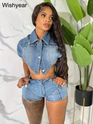 Sexy einreihige blaue Stretch-Jeans weste Jacke und Shorts zwei zweiteilige Set Damen Streetwear Jeans Anzug All-Match-Outfits