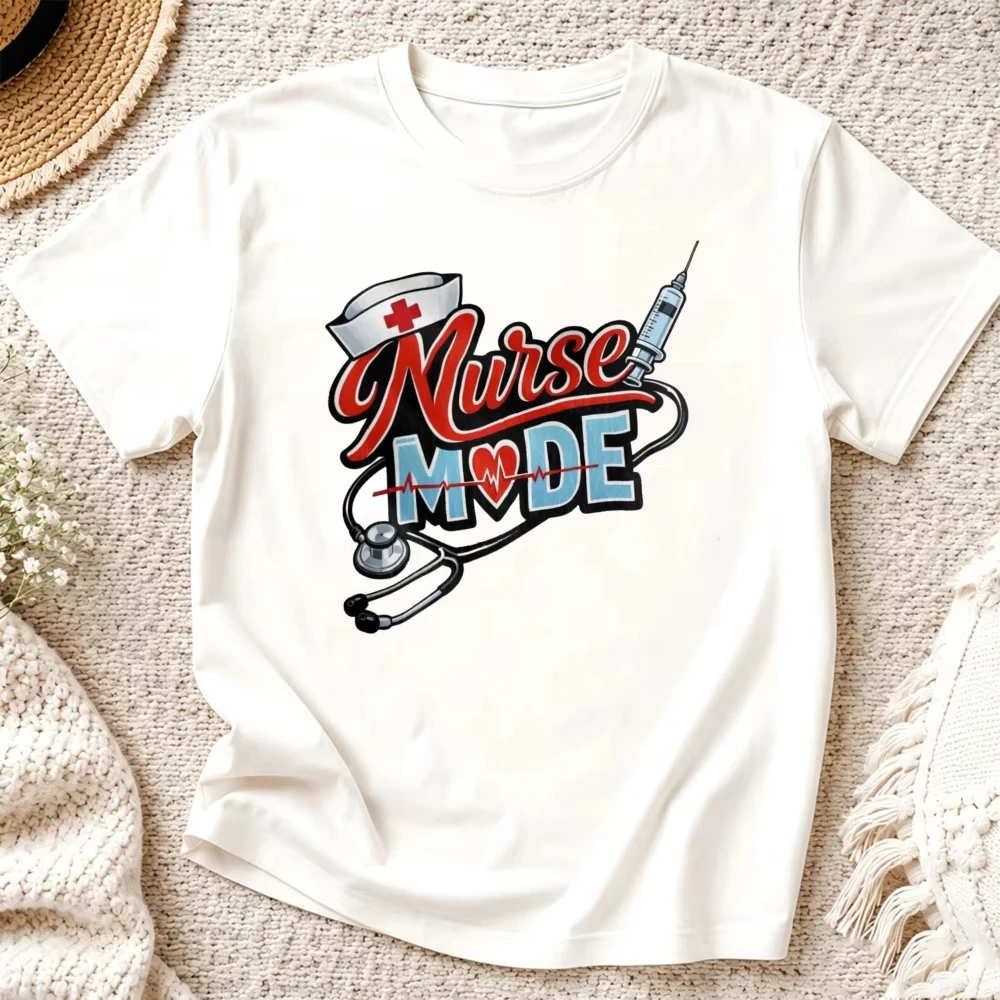Nurse Mode Syringe Stethoscope Heartbeat Women Tee Nursing Life Essentials Cozy Basic Top Comfortable Round Neck Daily Tees