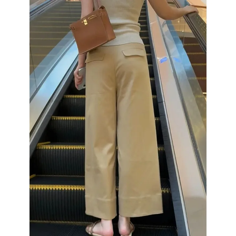 Women's White Wide-Leg Pants Back Flap Pocket Detail Loose Casual Trousers