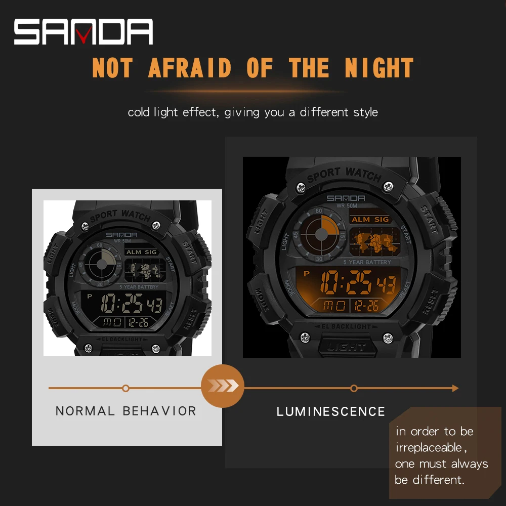 Fashion Sanda Top Brand Men 50m Waterproof Digital Watch Chronograph Sports Mens Student Swim Wristwatches G Style Watches Clock