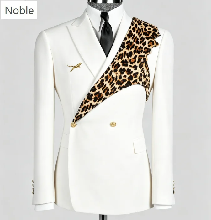 Black White Leopard Patchwork Double Breasted Men Suit Jacket Slim Fit Fashion Blazer Wedding Stage Prom Party Club Customized