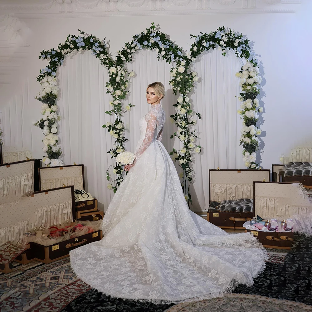 

Elegant Wedding Dresses High Neck Long Sleeve Lace Bride Dress for Women Detachable Train Bridal Gown Customized robe de mariée
