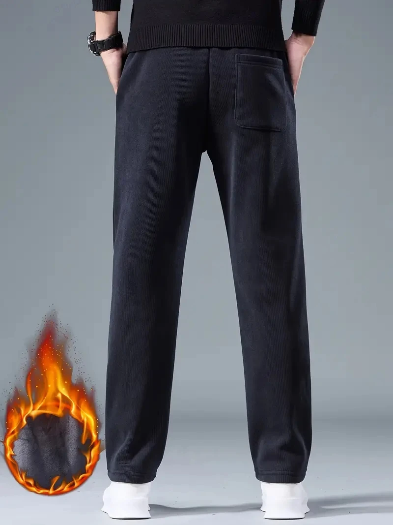 2025 الشتاء سروال قصير Sweatpants الرجال الرباط صوف مبطن سميكة الدافئة واسعة الساق مستقيم سراويل تقليدية الذكور فضفاض بنطلون