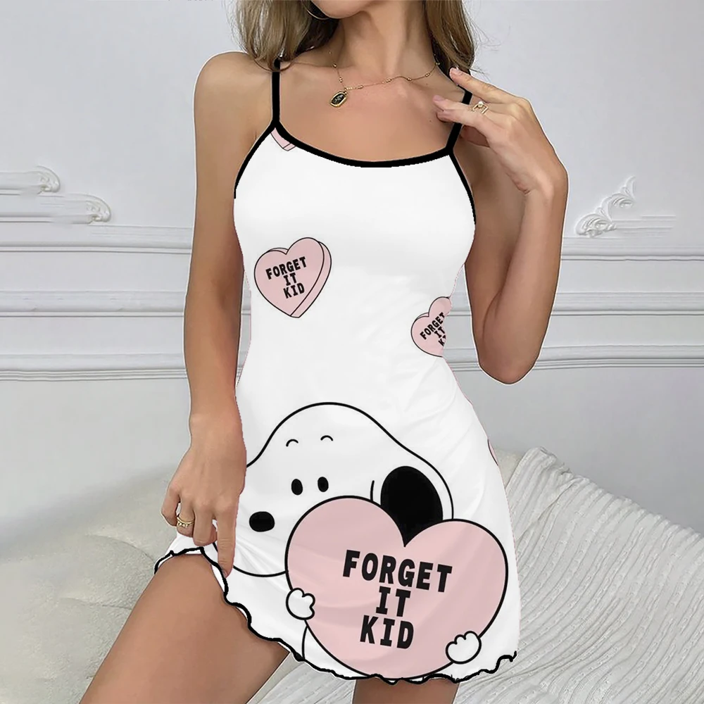 Summer Sexy Satin Mini Dress Snoopy Cartoon Elegant Women Pajama Dress Lettuce Edge Round Neck Fashion Dress