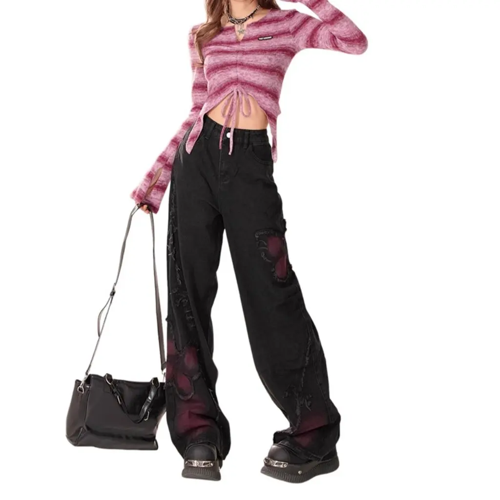 

Женские черные широкие джинсы, милые, крутые, весенние, новые потертые, старые шерстяные повседневные брюки с узором бабочки