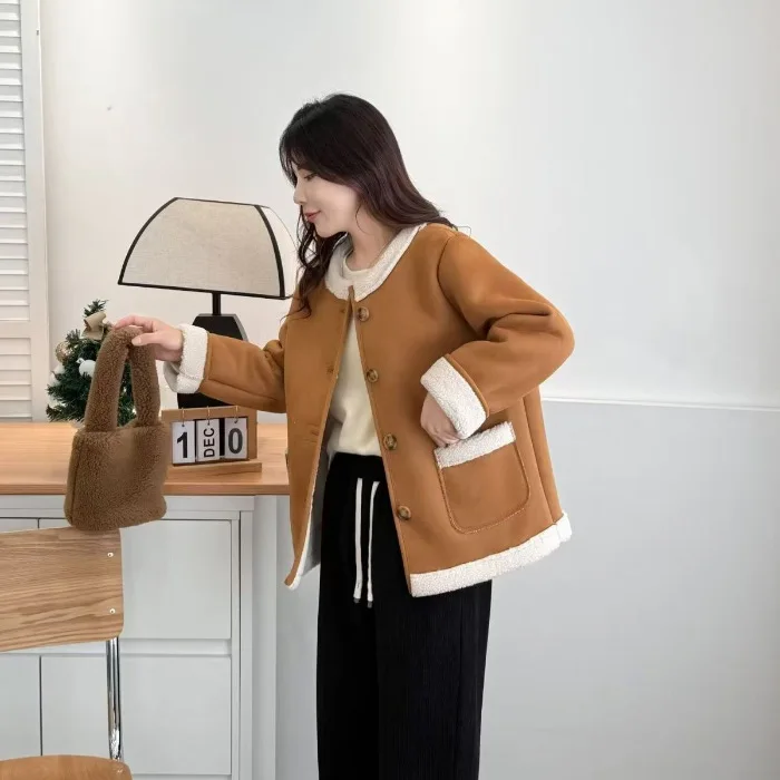 جاكيت تويد نسائي بأكمام طويلة للخريف مع شراشيب متعدد الوظائف، سترة بومبر مزدوجة الجانب مرنة مع رقع وأصفاد وأزرار