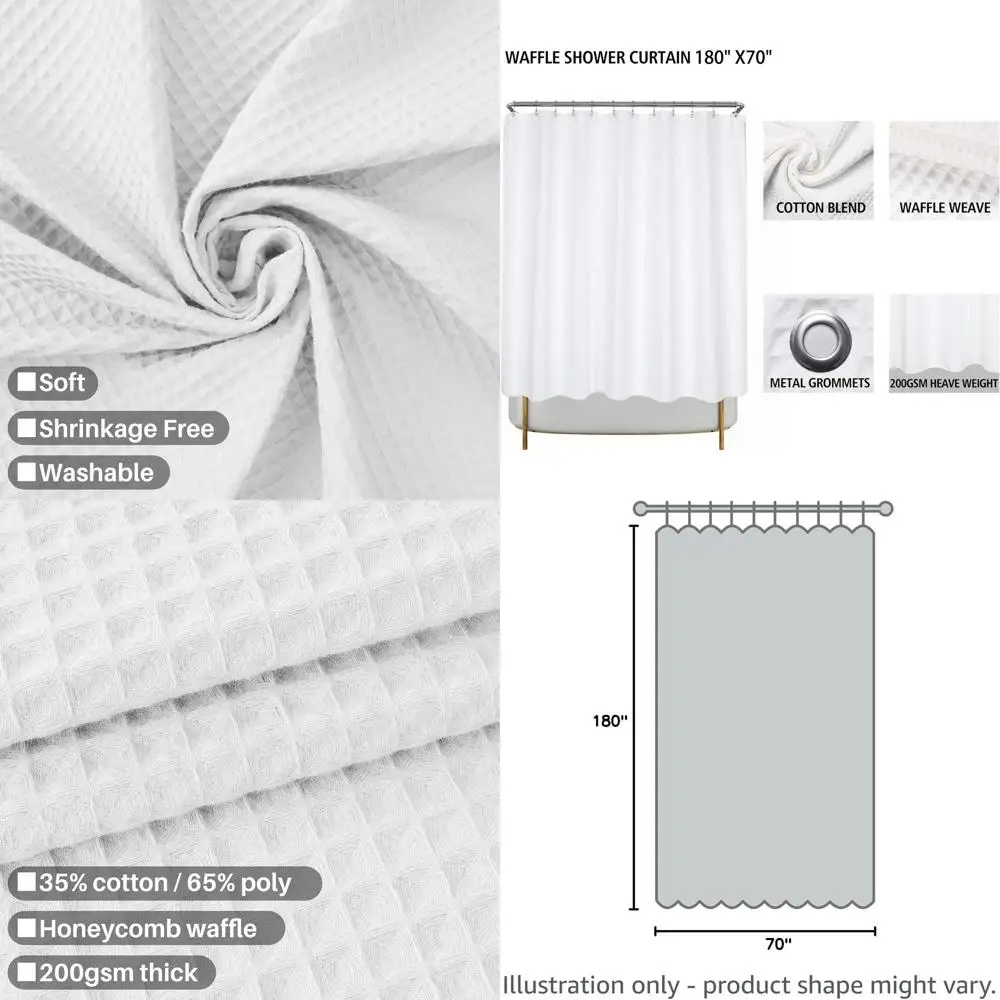 

White Cotton Waffle Shower Curtain 180x70 with PEVA Liner & 36 Hooks - Wrap-Around Style