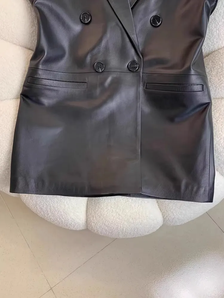 جديد إمرأة جلد الغنم سترة جلدية حقيقية سترة مزدوجة الصدر سليم صالح عالية الخصر متوسطة طويلة مكتب سيدة الموضة صدرية #5