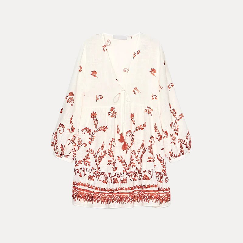 패셔너블 프린트 여성용 여름 신상품 2025 롱 슬리브 V넥 폴리에스터 섬유 원피스