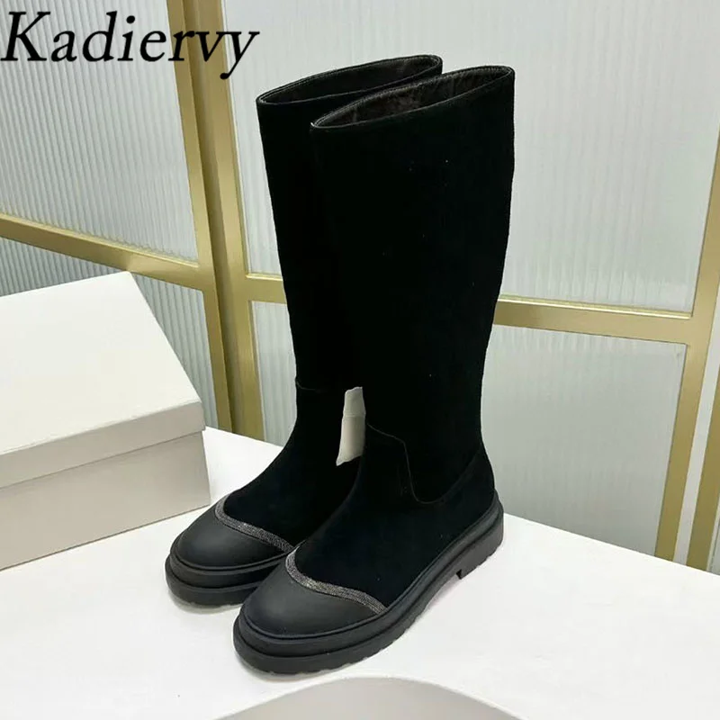 New Knee High Boots Women Round Toe Slip-on Flat Shoes Women Luxury Quality Cow Suede String Bead Long Boots Woman