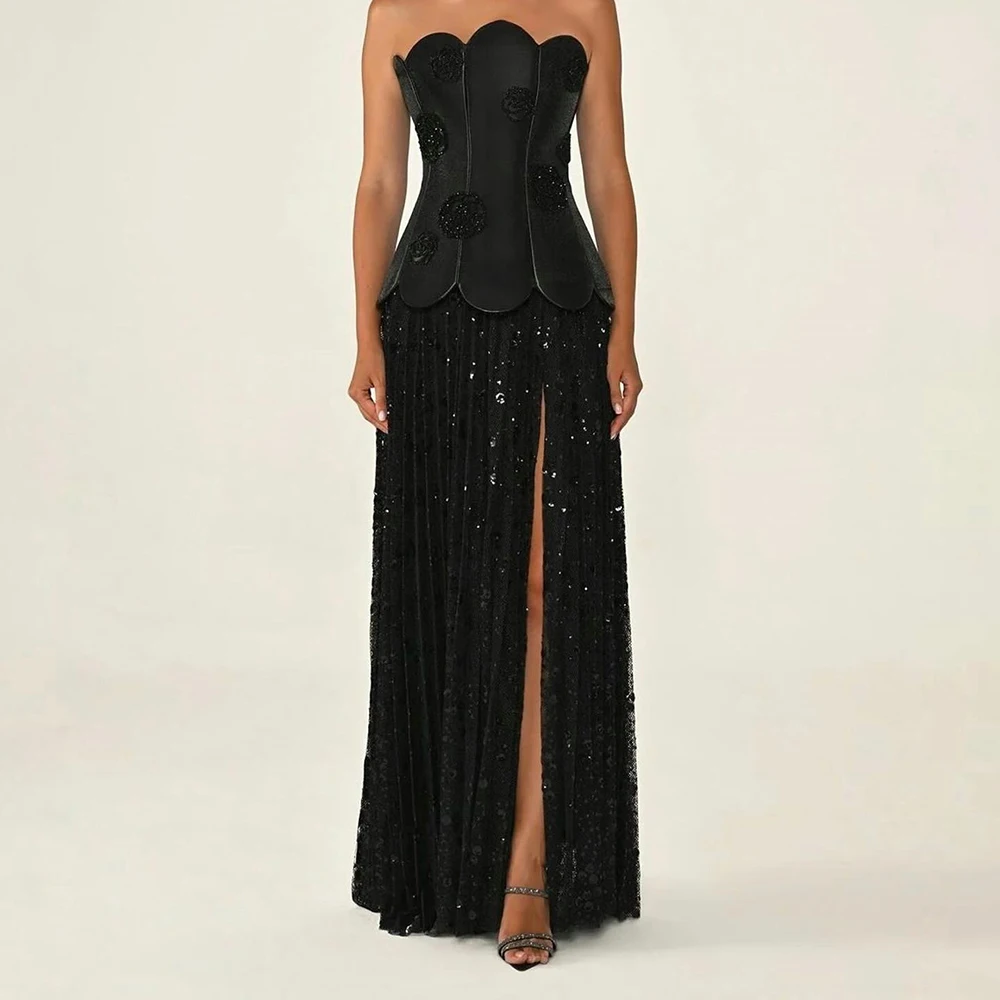

Customized A-line Evening Dresses Floor-length Strapless Sleeveless Prom Gown Fashion Sequined Side-split Draped Party Gown