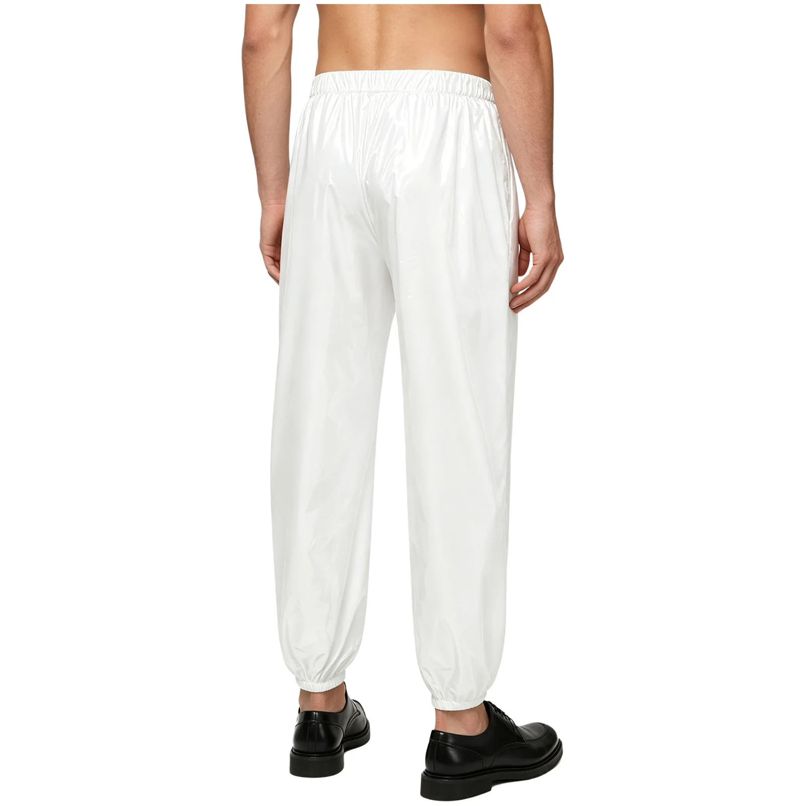 Mens Full Side Zipper Drawstring Hem Trousers Shiny Glossy Vinyl Waterproof Reusable Pants Rave Party Clubwear Streetwear