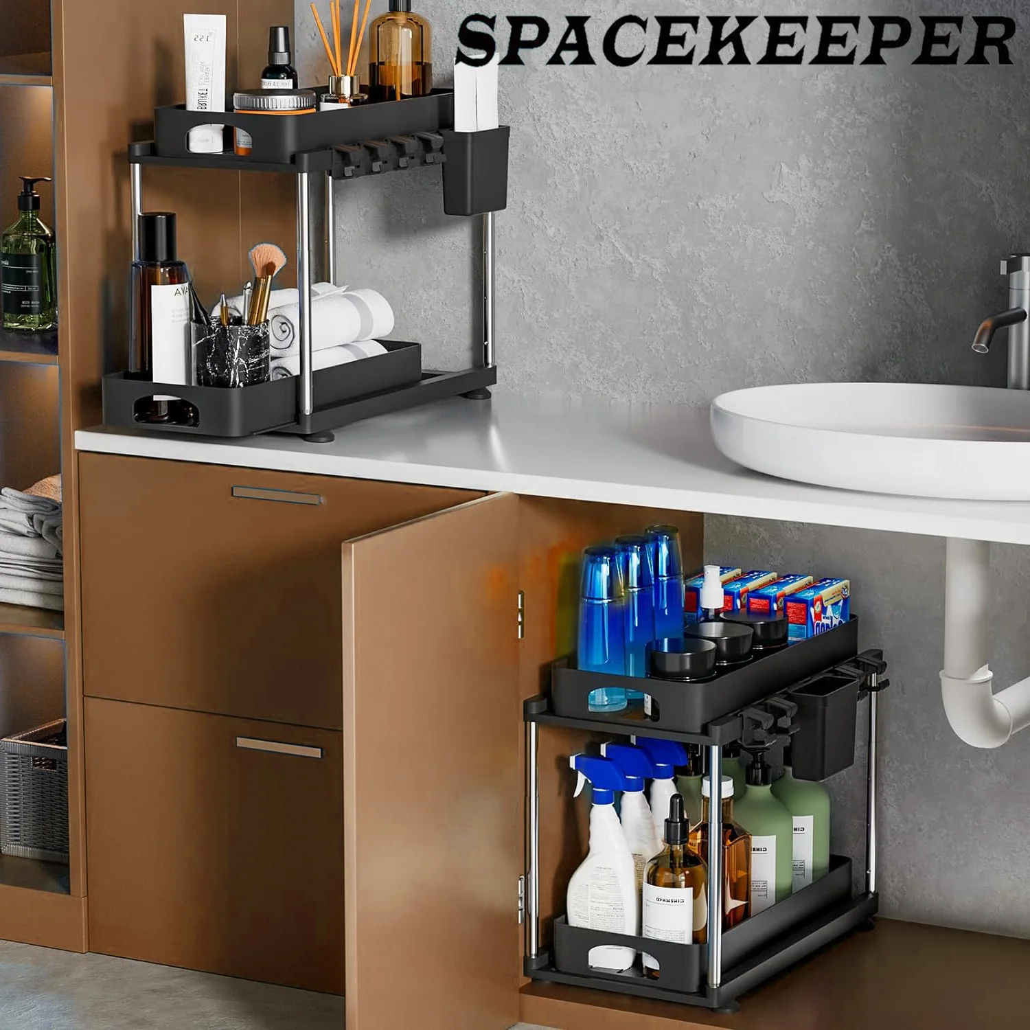 2 Pack Under Sink Organizers and Storage, 2 Tier Height Adjustable Countertop Organizer for Kitchen Bathroom Laundry