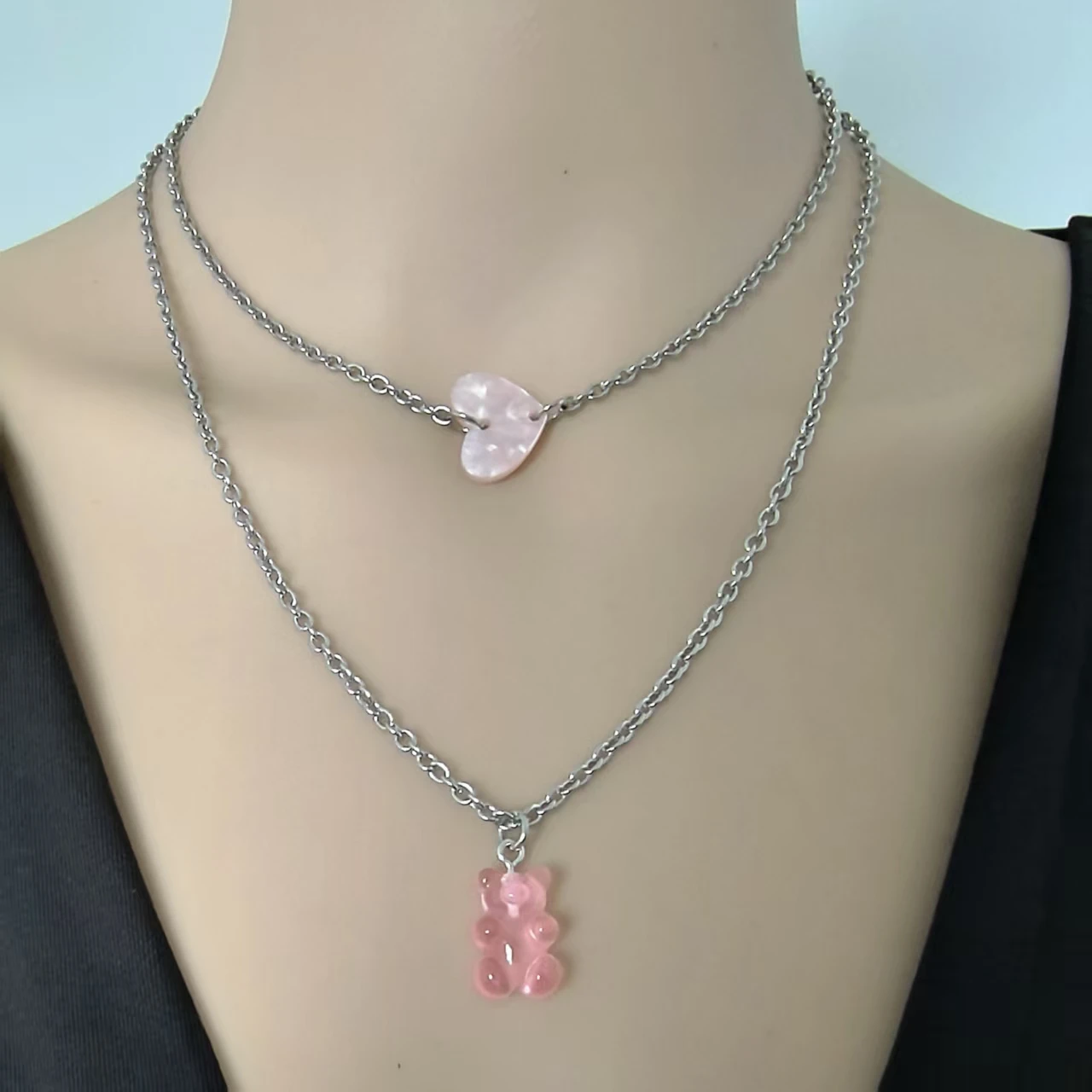Pink Teddy Bear Heart Double Layered Necklace for Women, Sweet and Cool Y2K Millennium Spicy Girl Style, Layered Collarbone Chain