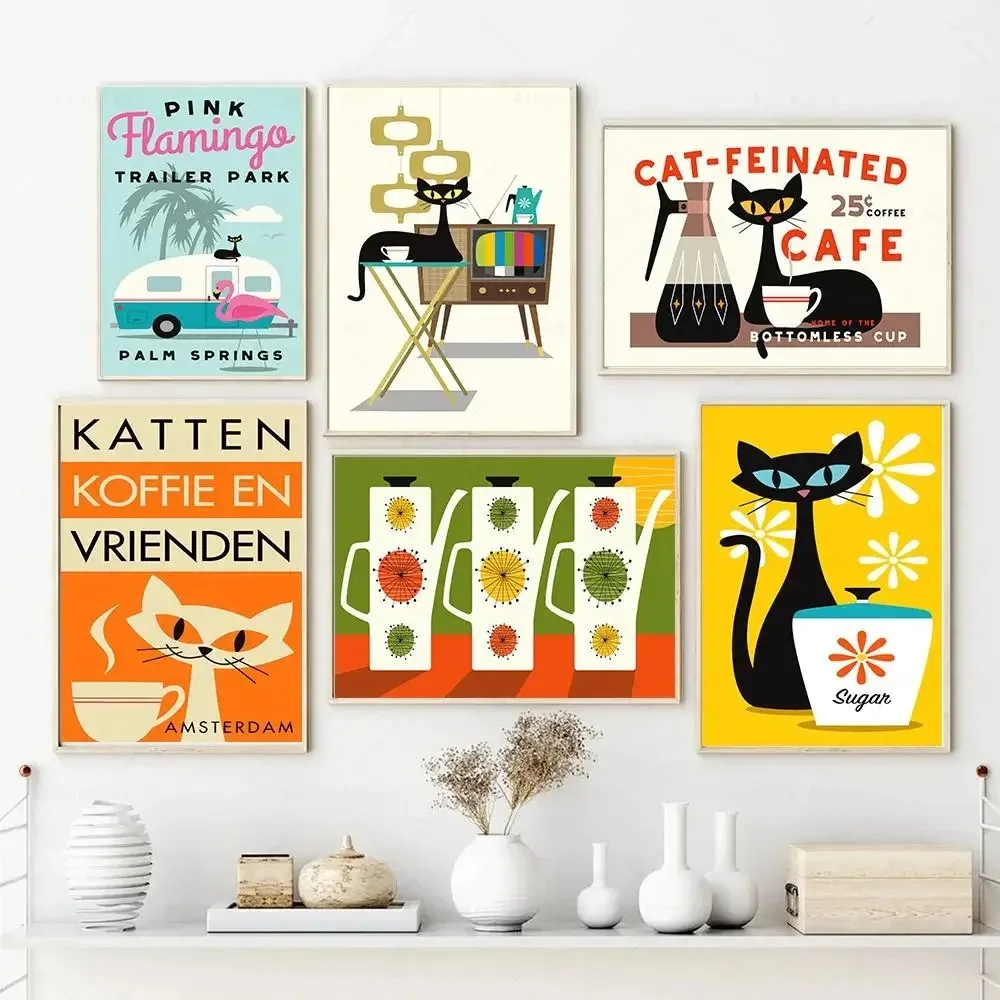 Funny Black Cat Drinking Coffee Posters Prints Retro TV Show Mid Century Modern Art Canvas Painting Kitchen Cafe Home Wall Decor