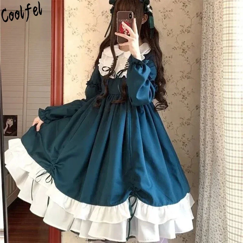 

Coalfell Vintage Sweet Lolita Dress Gothic Ruffles Bow Knot Solid Color Victorian Dress Cosplay Lolita Dress