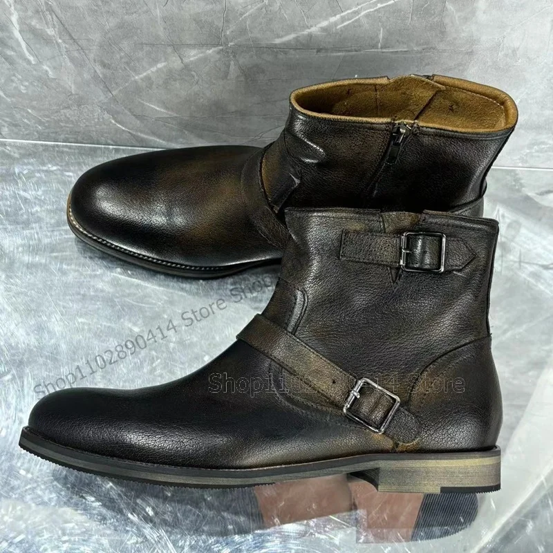 

Brown Buckle Decor Crack Pattern Mid Calf Boots Fashion Side Zipper Men Boots Luxurious Handmade Party Banquet Men Dress Shoes