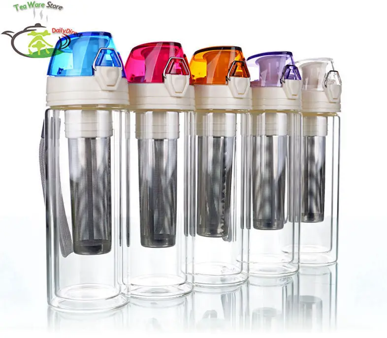 Lots Multi-colored Heat Resistant Double Wall Glass Tea Tumbler with Infuser 270ml Healthy Travel Cup Portable Sport Bottle