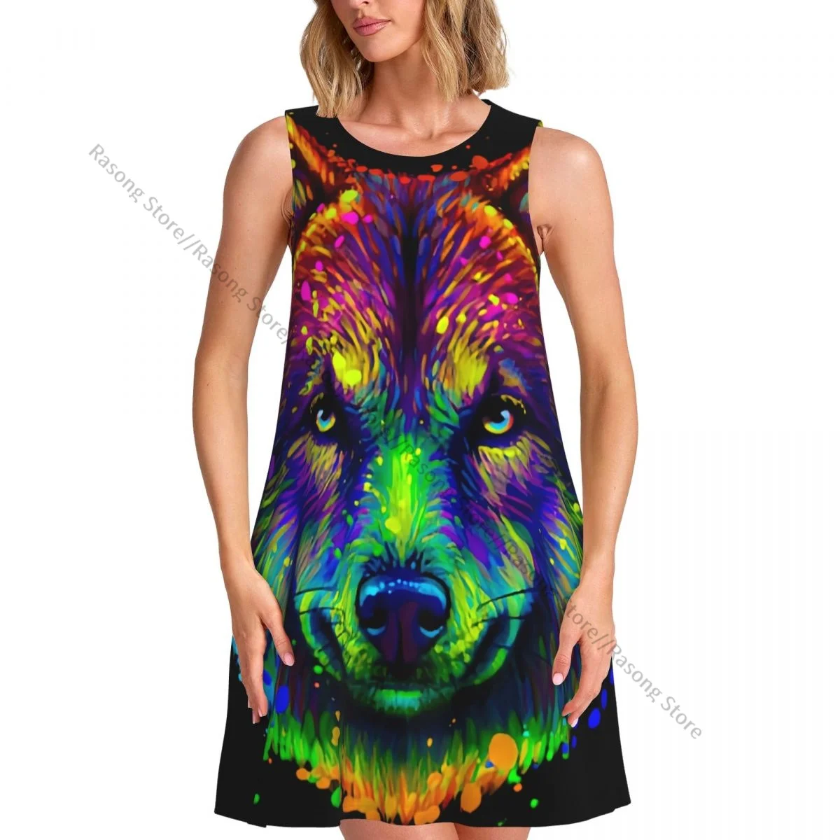 Damesjurk Zomer Casual T-shirt Jurken Strand Cover-up Neon Wolf Head Tank-jurk