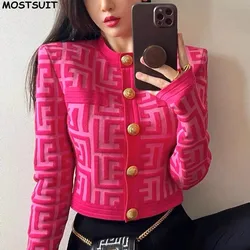 Vintage Sweater Women Knitted Cardigan Tops Jacquard Long Sleeve Knitwear Single-breasted Stylish Chic Fashion Jumpers Clothes