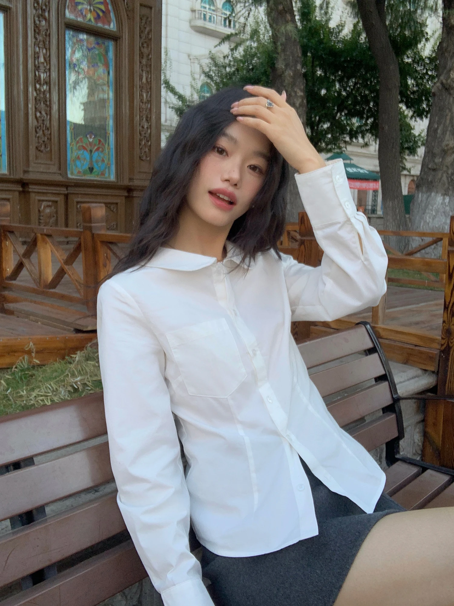 

Pusumede Cloud Breathable White irt Women's Slim Fit Doll Collar Long Sve Cotton French Sle Faionable Layering Top